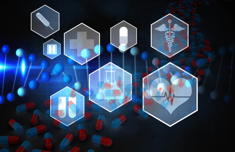 Medical icons in hexagons interface menu against blue dna strand